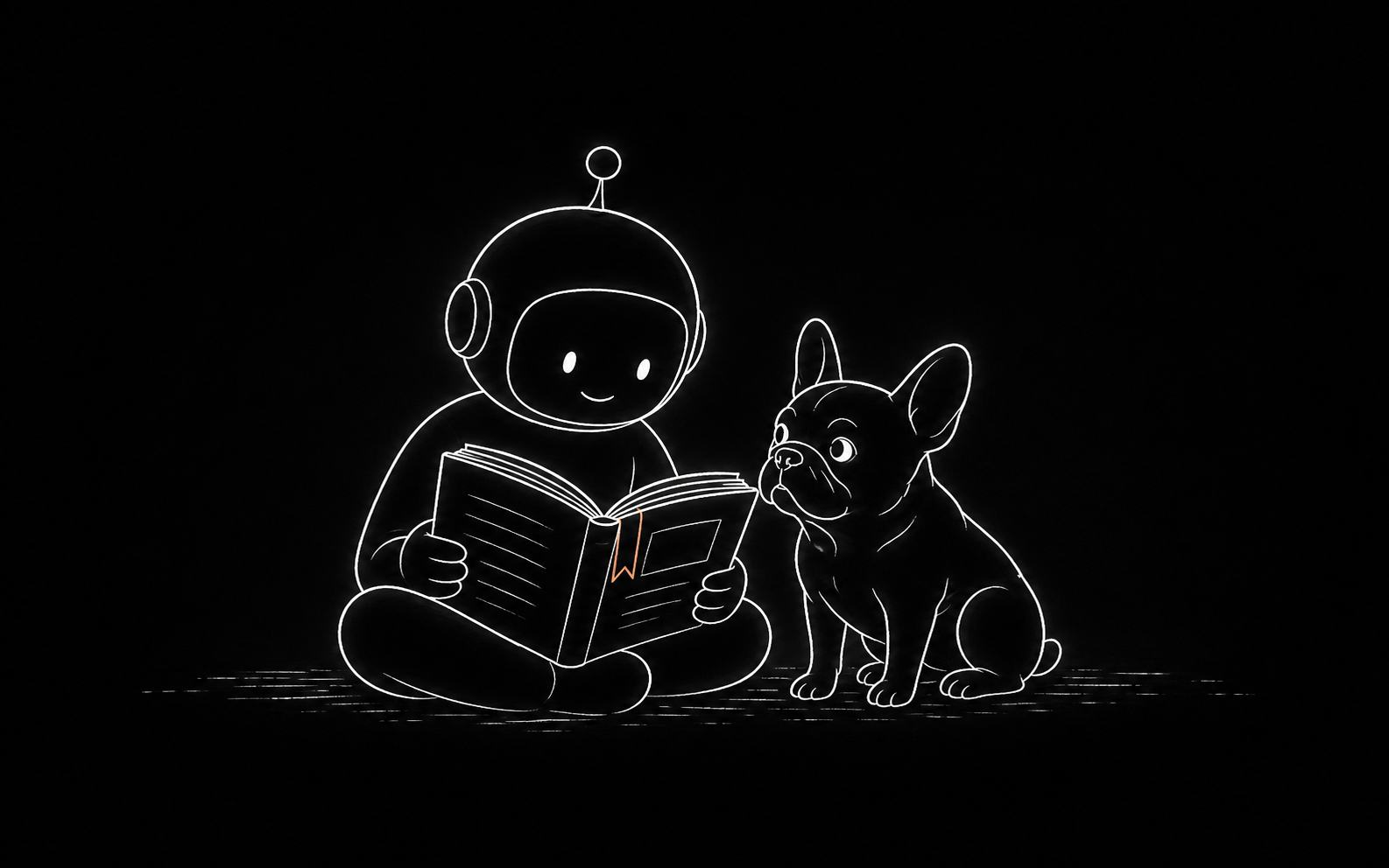 Hand-drawn line illustration: Frenchie Docs manual open between a small AI agent and the Frenchie mascot, showing Method workflow and Kit file-tool symbols in pure white linework on dark